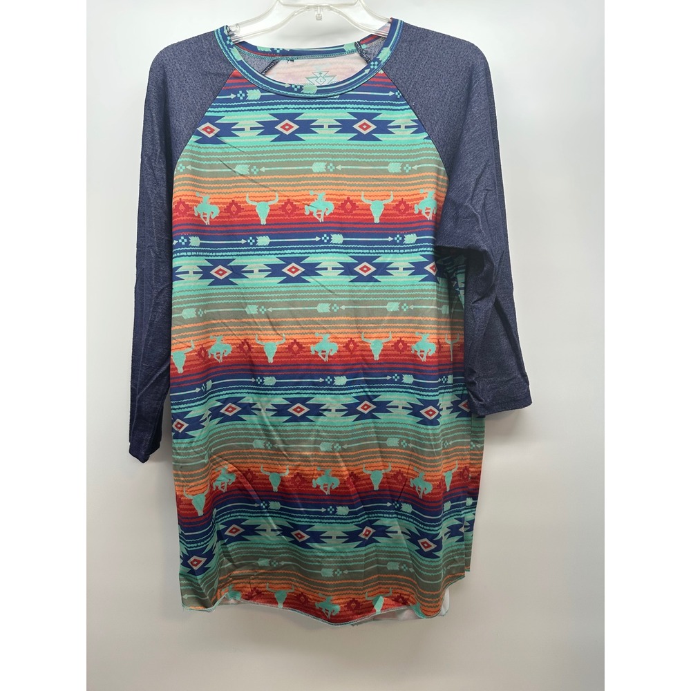 Crazy Train Womens Southwestern Raglan Tee 3/4 Sleeve Bronco Steer Skull Large